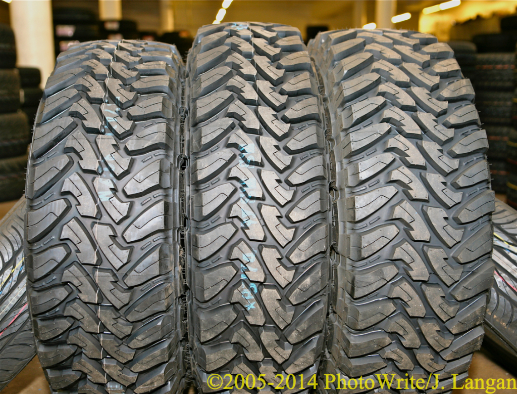 Toyo M/T tires, new, unmounted, left-to-right: LT265/75R16E, LT255/85R16E, LT285/75R16E